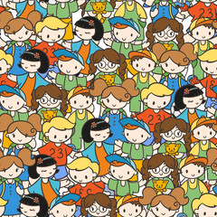 Doodel seamless pattern with group of children, teens, girls, boys with different hairstyles and toys
