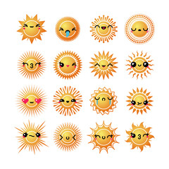 Set of various kawaii sun emoticons. Vector sunny light emoji, smile icons