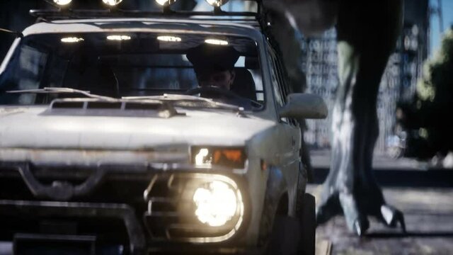 dinosaur rex running behind the car in destroyed city. Dinosaurs apocalypse. Concept of future. Realistic 4K animation.