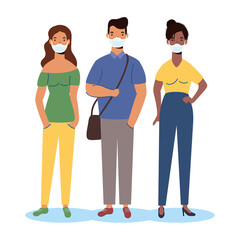 group of diversity people wearing medical masks characters