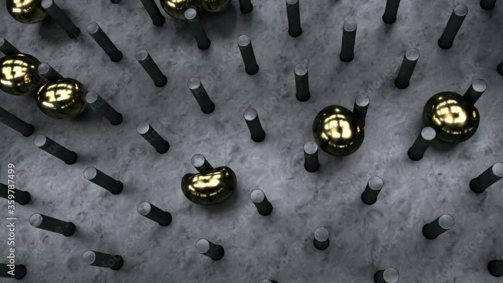 Poster 3d animation of metal background and columns and small golden drops that rise between the columns. g
