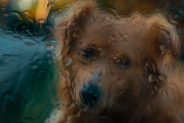 Dog at the window on a rainy day