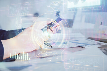Multi exposure of man's hands holding and using a digital device and data theme drawing. Innovation concept.