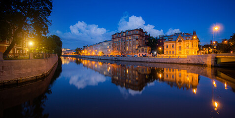 Moika river in Saint Petersburg at night . Panorama of night Saint Petersburg. The article is about tourism. Journey