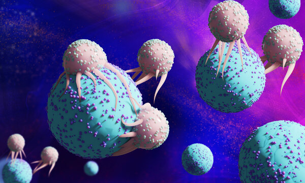 3d rendered illustration of cancer cells and immunotherapy