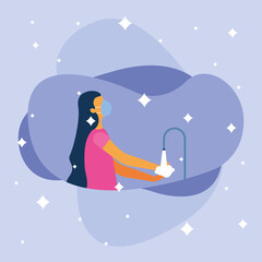 Obraz premium Woman with medical mask washing her hands vector design