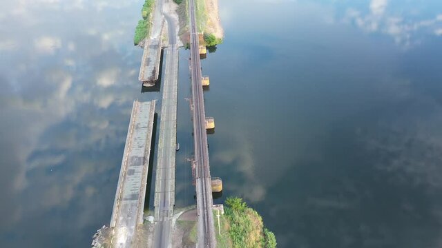 Part of the bridge fell into the water, aerial view. Ukraine, the city of Pokrov.