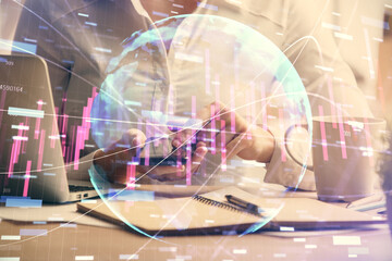 Double exposure of forex chart sketch hologram and woman holding and using a mobile device. Financial market concept.