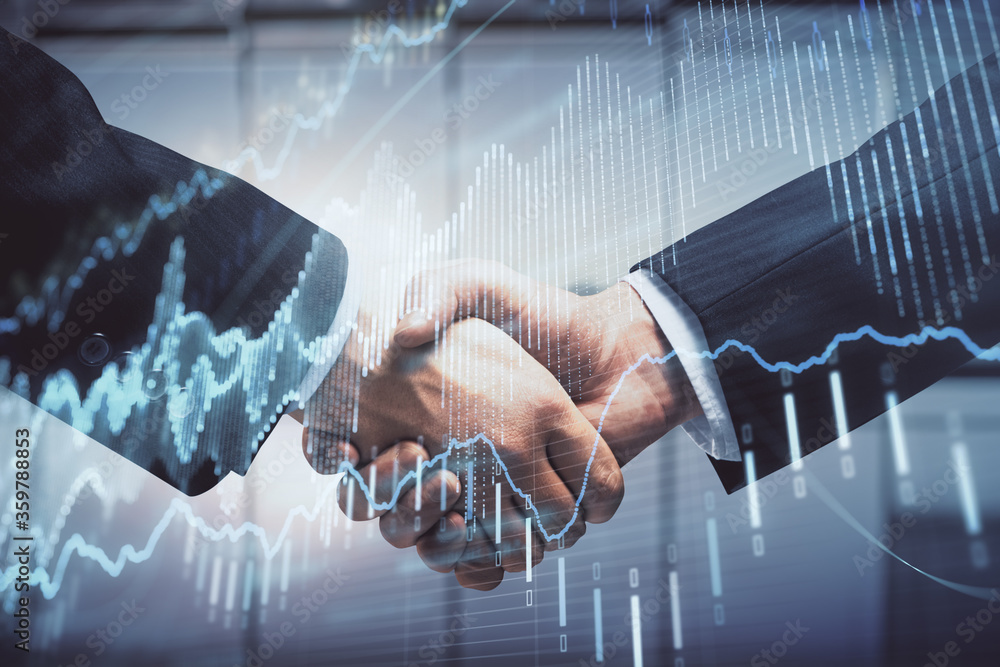 Poster double exposure of forex graph hologram and handshake of two men. stock market concept.