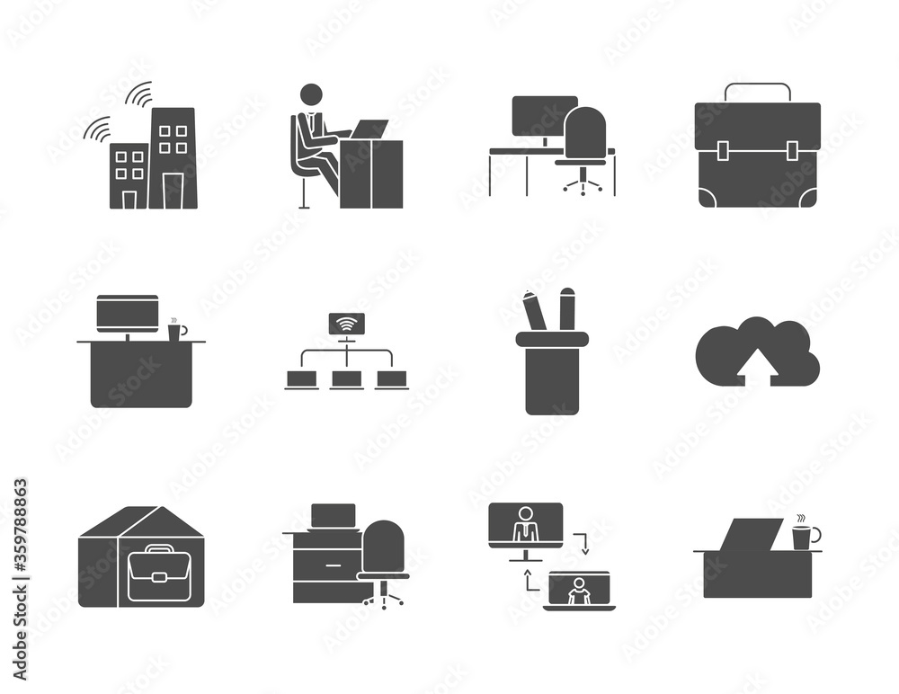 Poster computers and work icon set, silhouette style