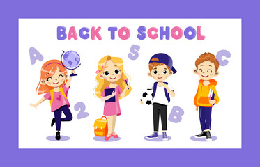 Concept Of Back To School. Kids Ready To Study In New Academic Year. Happy Classmates Boys And Girls Standing In A Row Together Holding Globe, Ball And Book In Hands. Cartoon Flat Vector Illustration