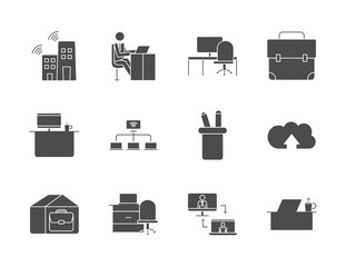computers and work icon set, silhouette style