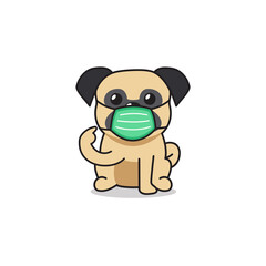 Cartoon character pug dog wearing protective face mask for design.