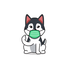 Cartoon character siberian husky dog wearing protective face mask for design.