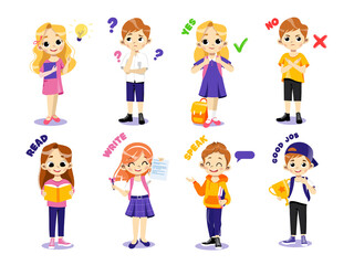 Back To School Concept. Set Of Children In Awkward Age Expressing Various Emotions. Boys And Girls Teens With School Items. Creative Kids Standing In A Row Together. Cartoon Flat Vector Illustration