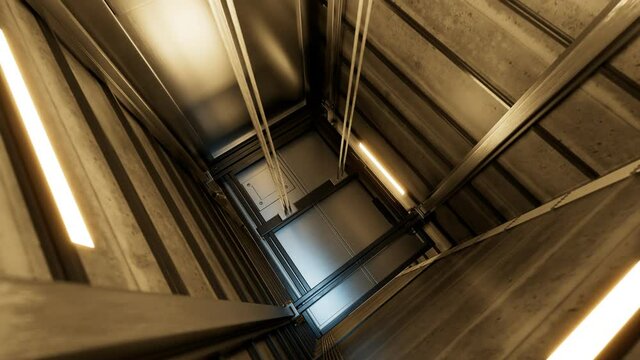 Elevator cabin in a shaft with bare concrete walls and moving cables loop. 4KHD