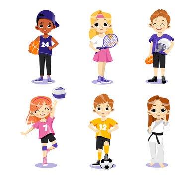 Concept Of Athletics. Multi Ethnic Teens Set. Different Type Of Sports. Children In Uniform Play Basketball, Tennis Baseball, Volleyball, Football And Karate. Cartoon Flat Style. Vector Illustration