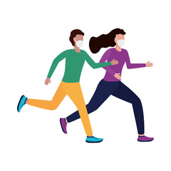 Woman and man with medical mask running vector design