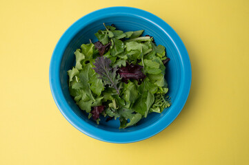 top down view of salad greens in a blue bowl on a yellow background