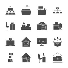 office desks and work icon set, silhouette style