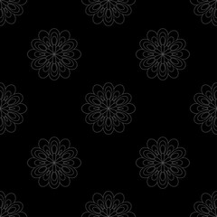 Abstract gray mandala flowers on black background. Seamless doodle pattern. Suitable for packaging, textile.