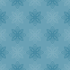 Cute light and dark mandala flowers on calm blue background. Seamless abstract doodle pattern.