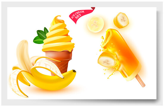 3d Soft Ice Cream.Ice cream in a paper jar, packaging.Banana Popsicle.Soft Ice Cream with Banana. Vector realistic image of ice cream. Label, wrapper, poster, leaflet.