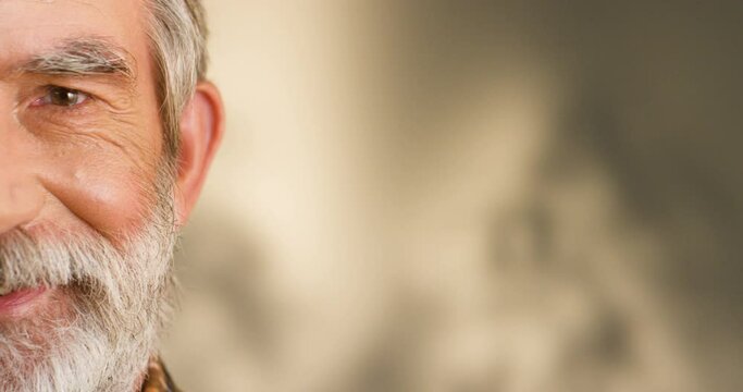 Close up of half face of gray-haired old Caucasian man with beard smiling cheerfully to camera on blurred background. Portrait of happy grandfather looking straight with smile.