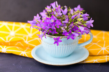 Colorful bluebells in a coffee cup on a yellow and black kitchen background, a beautiful bouquet of purple flowers - 359791018