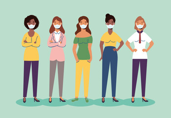 Fototapeta premium group of diversity women wearing medical masks characters
