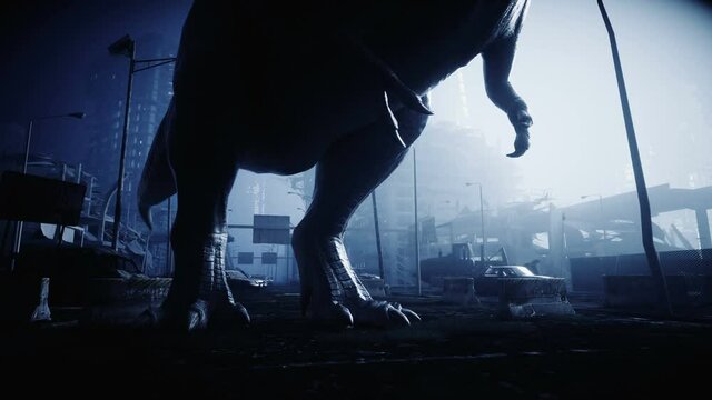 terrible dinosaur trex in the night destroyed city. Apocalypse concept. Realistic 4K animation.