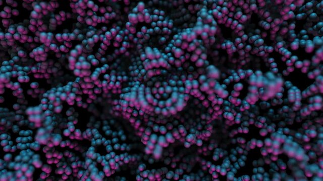Abstract 3d background rendering with rhythmically moving balls. Computer generated looped animation. Modern background designed as a banner, background for concerts, parties, discos. Psychedelic imag