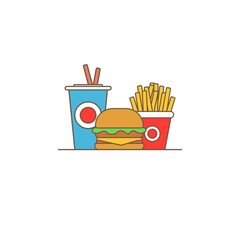 Colorful Fast food vector isolated on white background. Fast food hamburger dinner and restaurant, tasty set fast food many meal and unhealthy fast food classic nutrition in flat style.