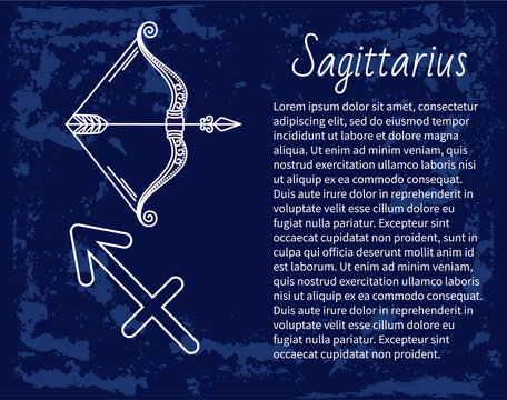 Sagittarius decorative design of mutable zodiac sign used for horoscopes and predictions. Isolated icon of ninth symbol of astrology. Element of archer with bow and arrow. Vector in flat style