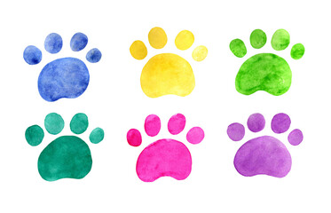 Set of colorful animal footsteps, watercolor 