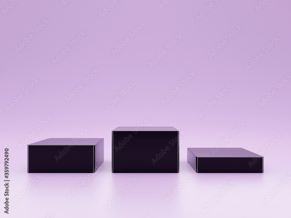 Poster empty studio soft pink background and three black stand displays or shelf for showing or design conc