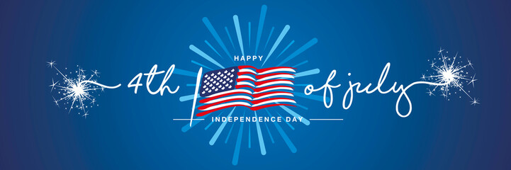4th of july handwritten typography happy Independence day firework US abstract wavy flag blue background banner - obrazy, fototapety, plakaty