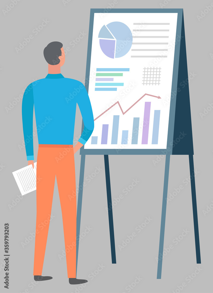 Poster man looking at white board with graphs, growing chart and diagrams. financial statistics report. wor