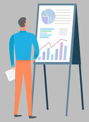 Man looking at white board with graphs, growing chart and diagrams. Financial statistics report. Working on optimization of business vector illustration