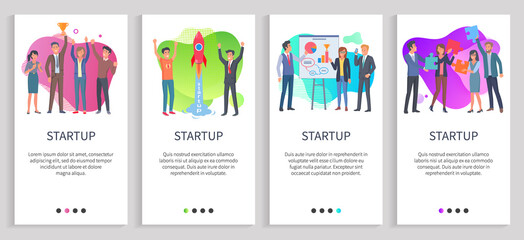 Startup presentation of businessman vector, person with partners on meeting, gathering of entrepreneurs, male with prize achievement of team. Website or slider app, landing page flat style