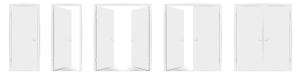 Blank white doors mock up set. Vector illustration