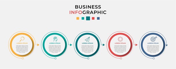 Business Infographic design template Vector with icons and 5 options or steps. Can be used for process diagram, presentations, workflow layout, banner, flow chart, info graph