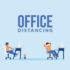 Office distancing between man and woman with mask on desks vector design