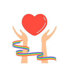 Vector for celebrating pride month; hands holding a red heart with rainbow ribbon