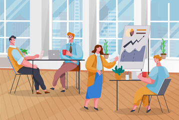 People working in office discussing diagram scheme and business statistics. Teamwork of man and woman colleagues communicating with laptop on workplace near panoramic window with cityscape view vector