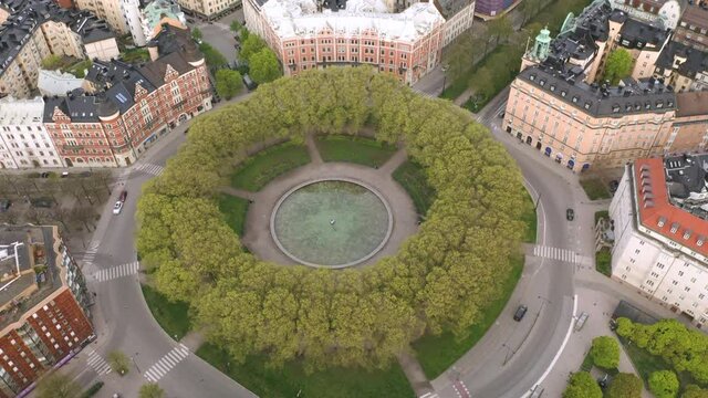 Aerial view Karlaplan Park, Square and Fountain in Stockholm, Sweden. Top downview.