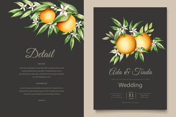 Botanical watercolor orange fruits wedding invitation card template