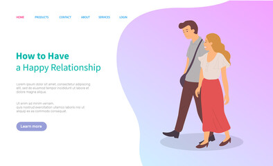 How to have happy relationships, сouple walking together in pairs, cartoon characters. Vector guy and blonde girl, dating man and woman on walk. Website or webpage template, landing page flat style