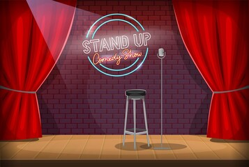 Stand-up empty stage. Scene of a comedy club with microphone, red curtains, chair and stand-up comedy show logo on a red brick wall,