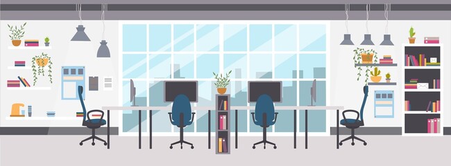 Open-space office or co-working interior design with furniture. Empty shared workplace with desks, chairs, computers and decorations. Vector illustration